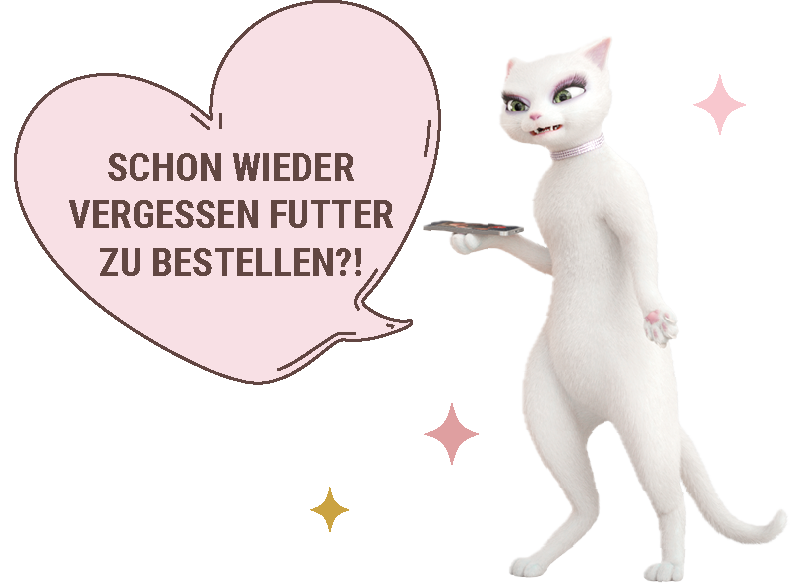 Weiße Cartoon‑Katze mit Futter und Konfetti