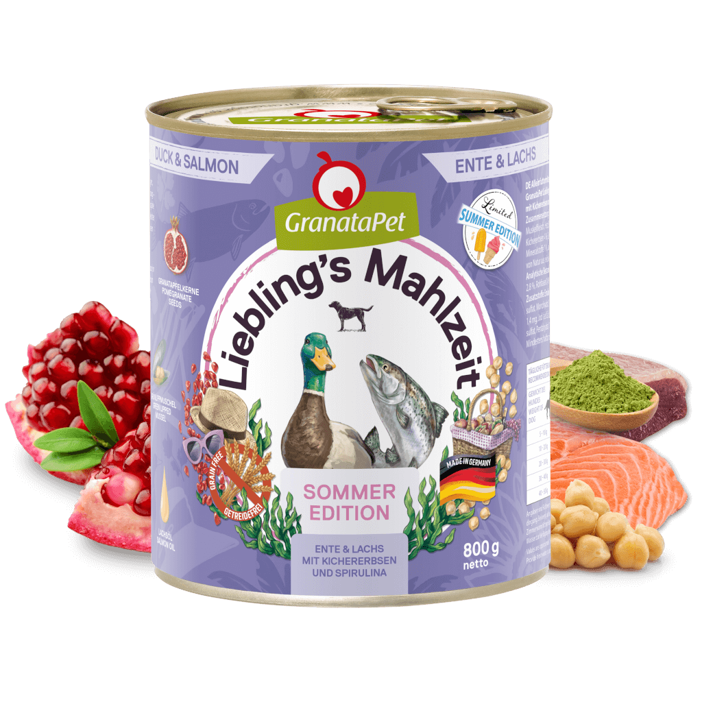 GranataPet Hund - Nassfutter Liebling´s Mahlzeit Sommeredition 2025 - Ente & Lachs mit Kichererbsen und Spirulina 800 g - Zutaten