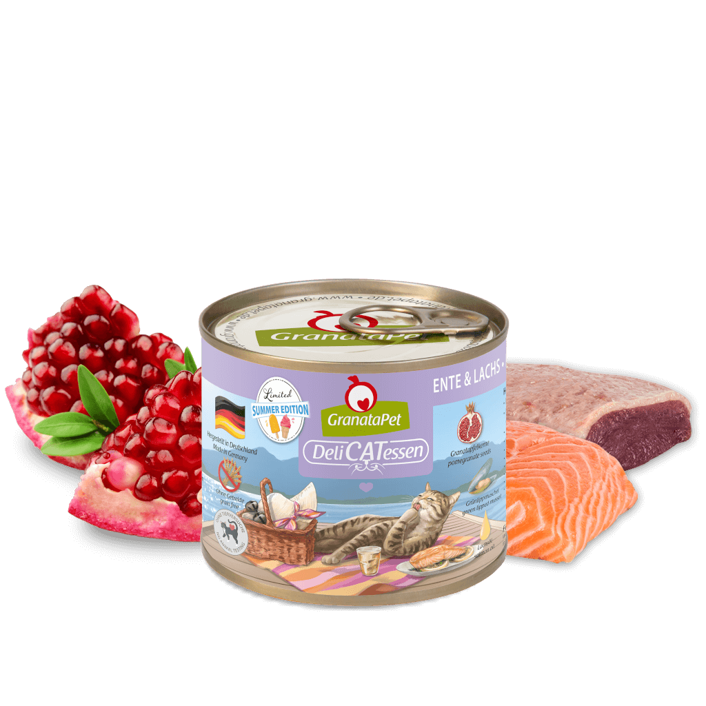 GranataPet Katze - Nassfutter DeliCATessen Sommeredition 2025 - Ente & Lachs 200 g - Zutaten